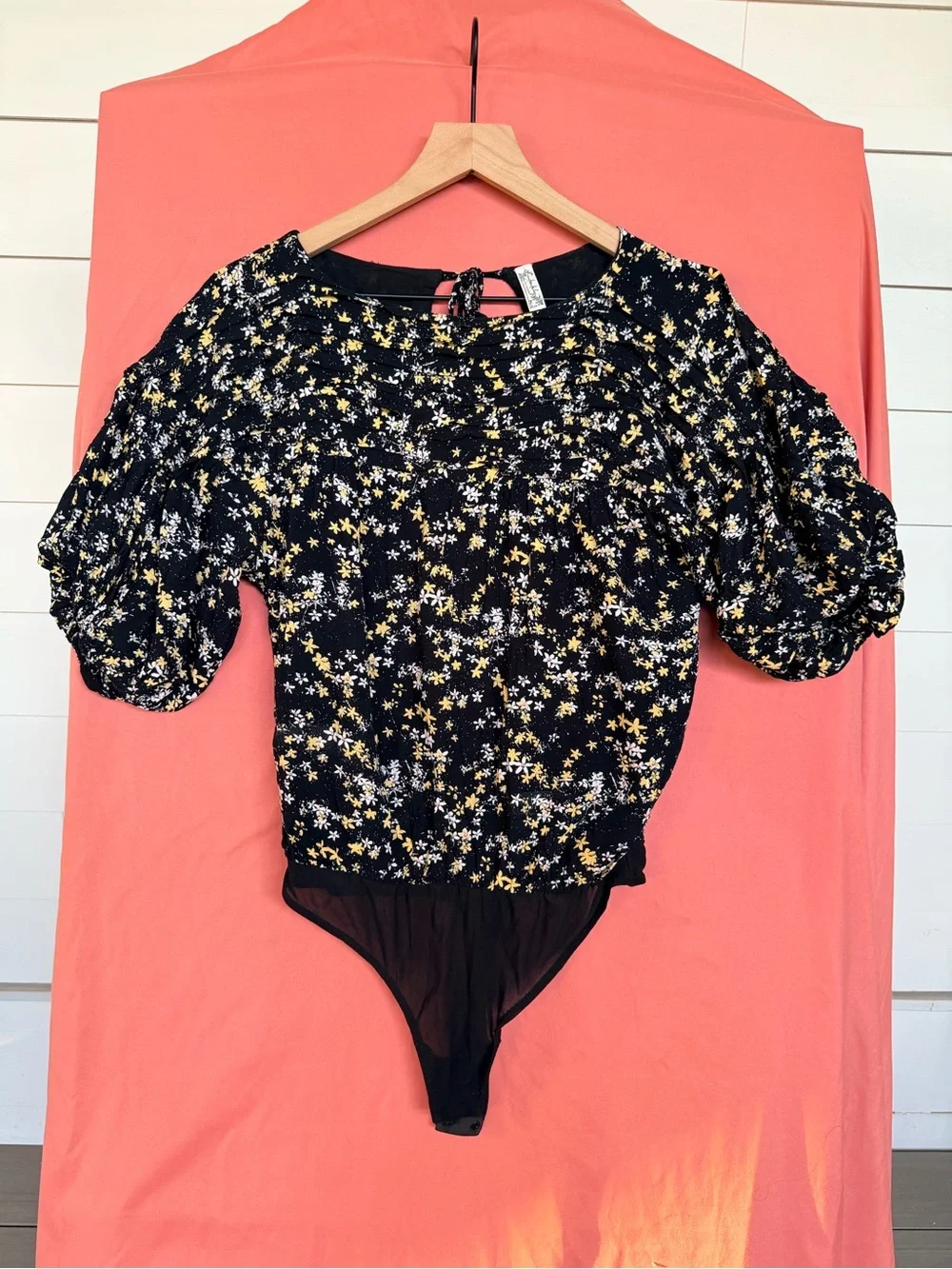 Intimately Free People Floral Puff Sleeve Bodysuit Boho Cottagecore Black XS